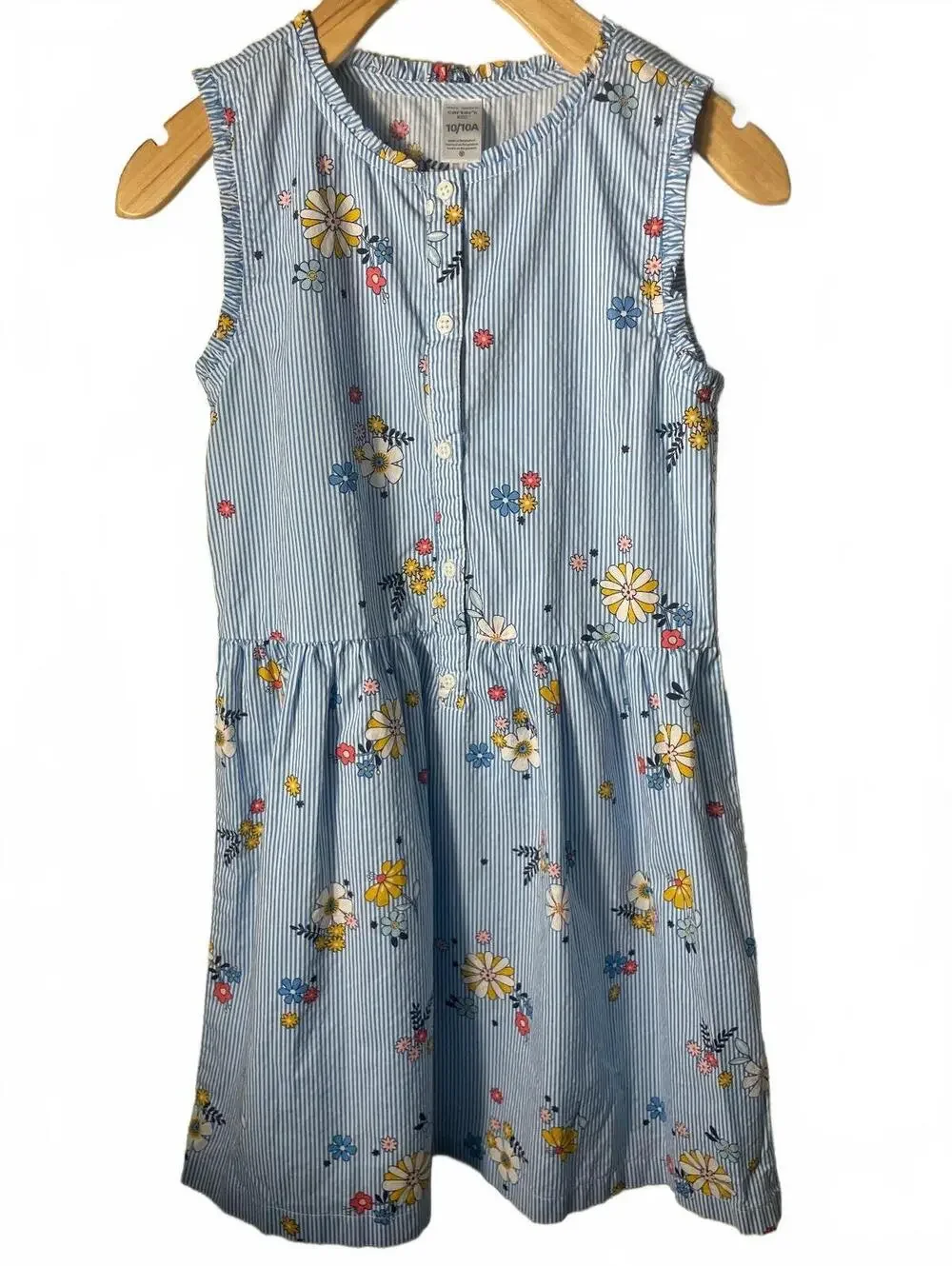 Carters Kids Blue Striped Floral Button Up Dress Size 10 Pleated Ruffle Floral